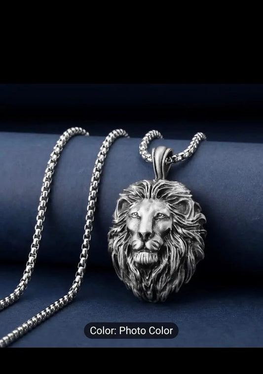 silver chain with lion face pendant