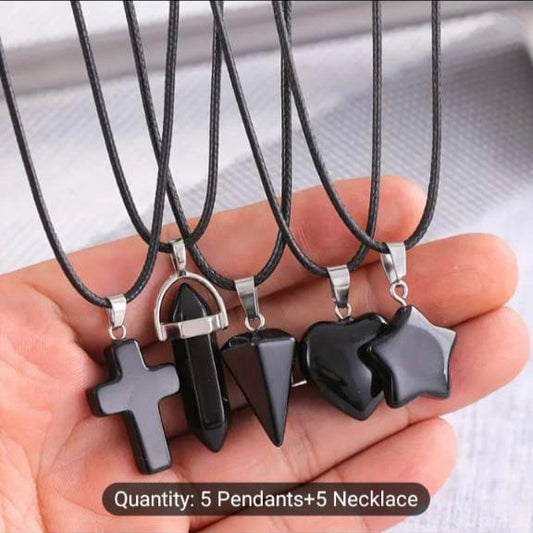 Couple Heart Stone Necklaces with Amethyst, Opal, Crystal, Obsidian