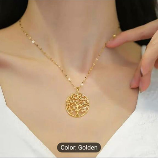 Elegant Zircon Tree of Life Pendant Necklace, Lucky Stainless Steel Charm